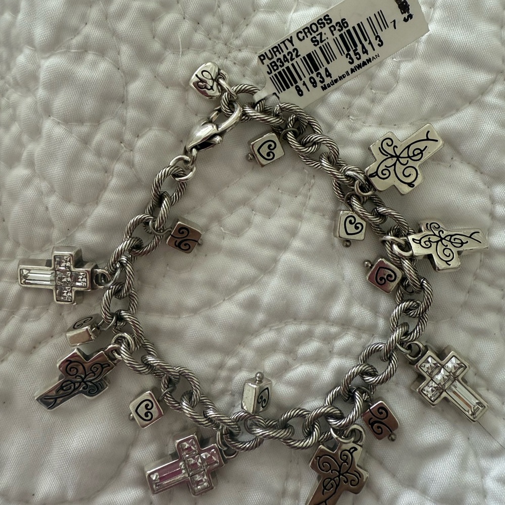 Silver Charm Bracelet with Cross and Heart Accents